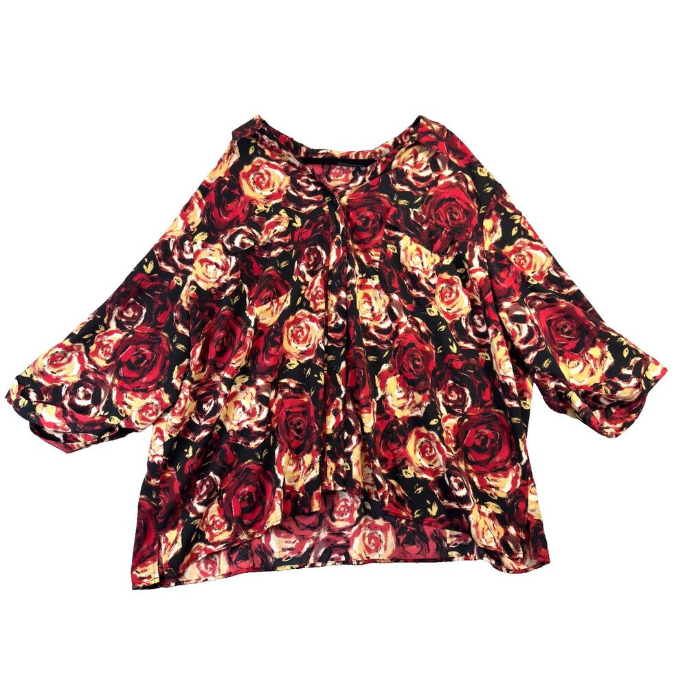 Maggie Barnes Top Womens 4X Red Button Up Floral Blouse Office Front Pockets
